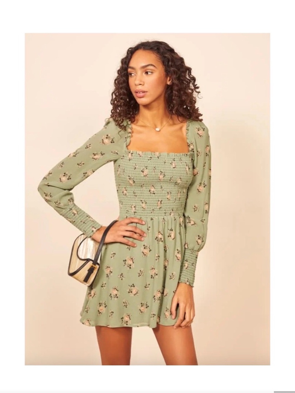 Reformation Sage Green Floral Smocked Mini Dress